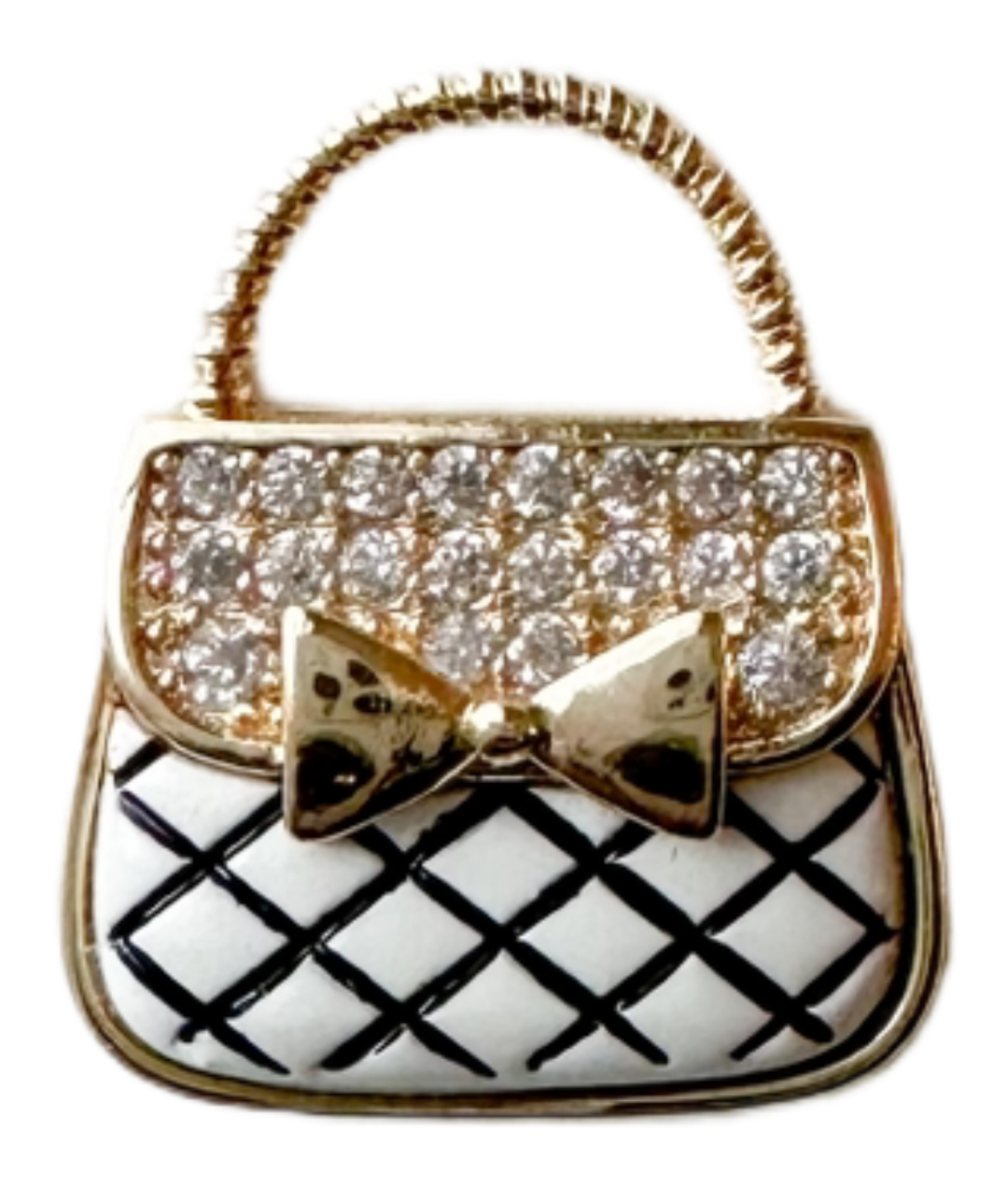 Designer white purse charm with bow and micro pave