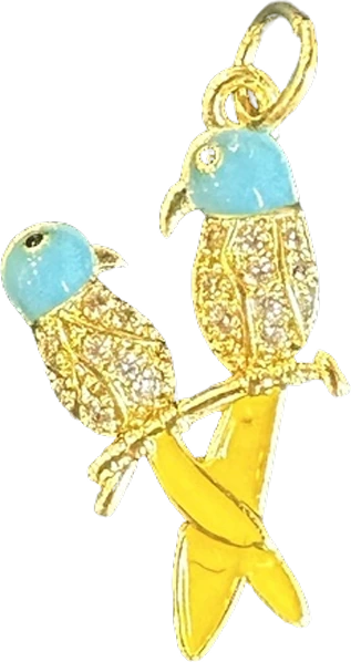 Two turquoise and crystal lovebirds on a yellow enamel branch charm