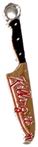 Silver knife charm with black enamel handle and red Killing It script