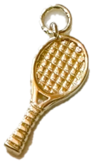 Gold tennis racket charm with textured strings