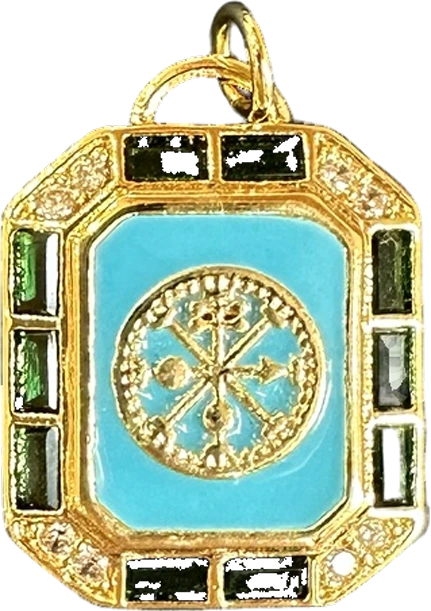 Turquoise compass medallion charm with green stones