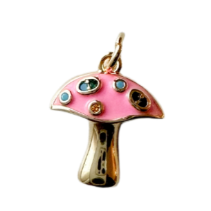 18k gold plated and pink enamel mushroom charm with colorful crystals cottage core style