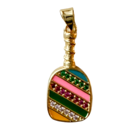 18k gold plated with colorful enamel and crystals pickleball paddle charm