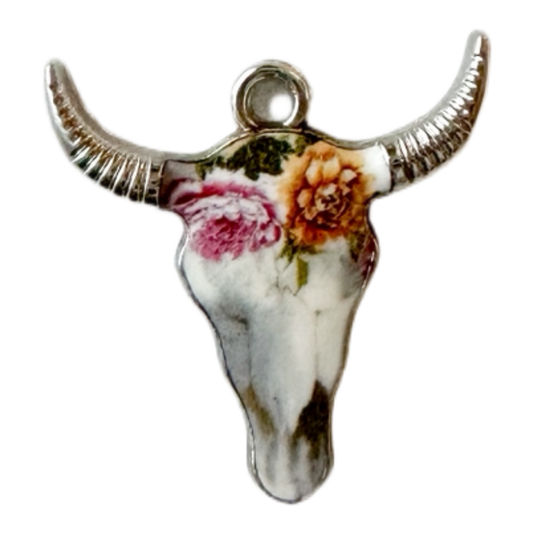 Floral Longhorn Skull Charm (Silver)