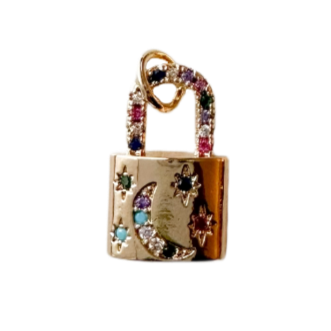 Gold moon lock charm with colorful crystals