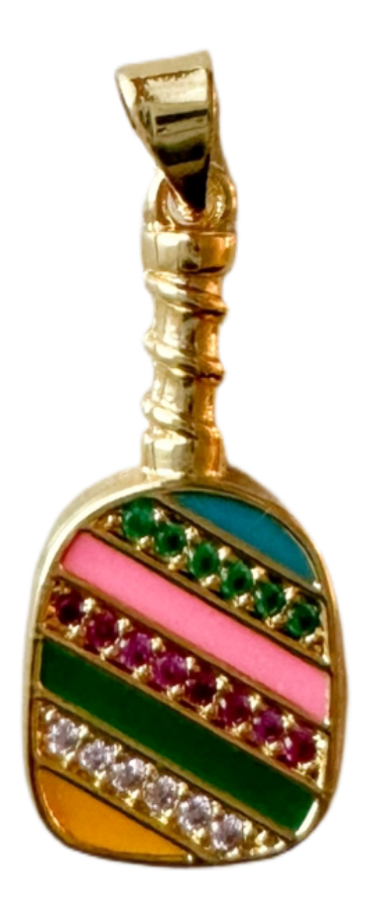 Colorful enamel and gold sparkly pickleball paddle charm