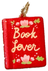Red enamel book charm reading Book Lover with pink flowers
