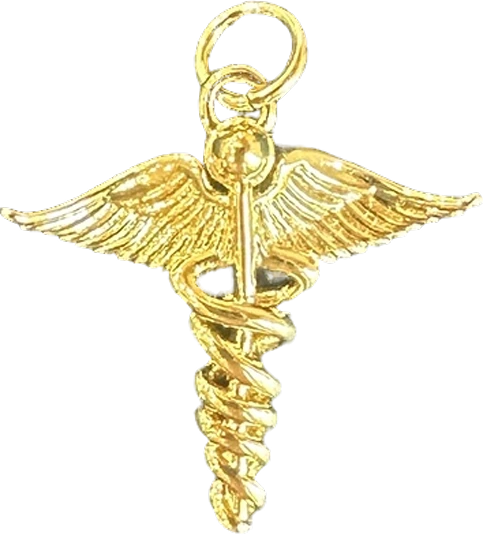 Gold caduceus medical symbol charm