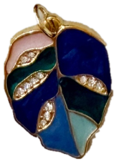 Blue teal and pink enamel monstera leaf charm with gold outline
