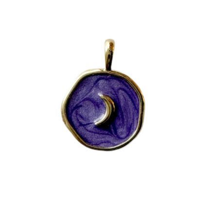 gold moon charm with purple enamel background