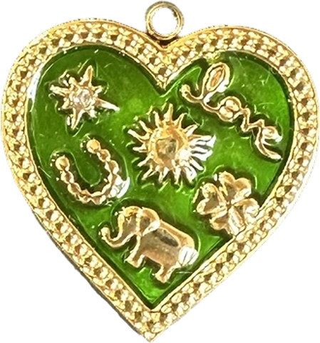 Green enamel heart charm with gold lucky symbols
