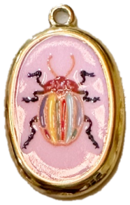 Gold oval cameo charm with rainbow striped beetle on pink enamel