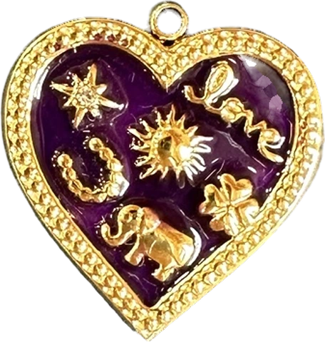 Purple enamel heart charm with gold lucky symbols