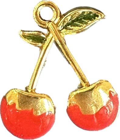 Red enamel cherries charm with green leaves and gold stems