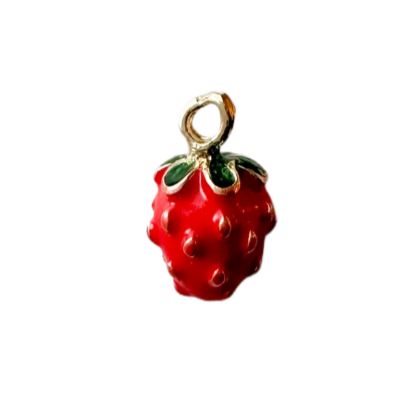 gold plated red enamel strawberry fruit with green leaves charm