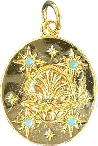 Gold oval medallion charm with seashell and turquoise stars