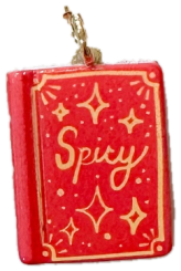 Red enamel book charm reading Spicy with gold sparkles