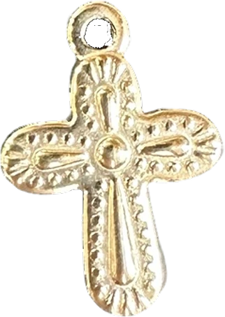 Rounded gold cross charm with stamped detail