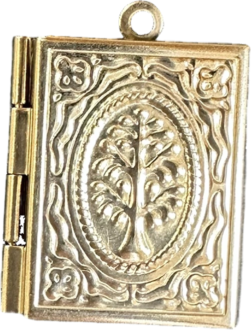 Gold book locket charm with tree of life